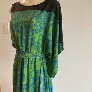 BCBGMAXAZRIA Green Blue Lace Print One-Shoulder Dress | Belted | Size S